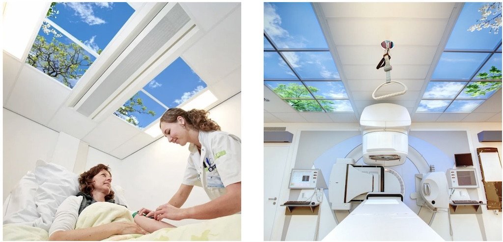 LED plafond in radiotherapieruimte UMCG met wolkendesign voor positieve afleiding tijdens behandeling.