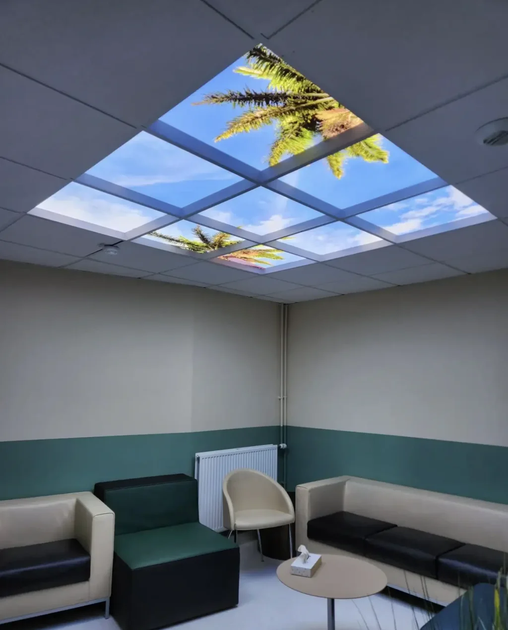 Wachtkamer inrichten met een LED wolkenplafond met blauwe lucht en palmboom boven comfortabele zitplekken.